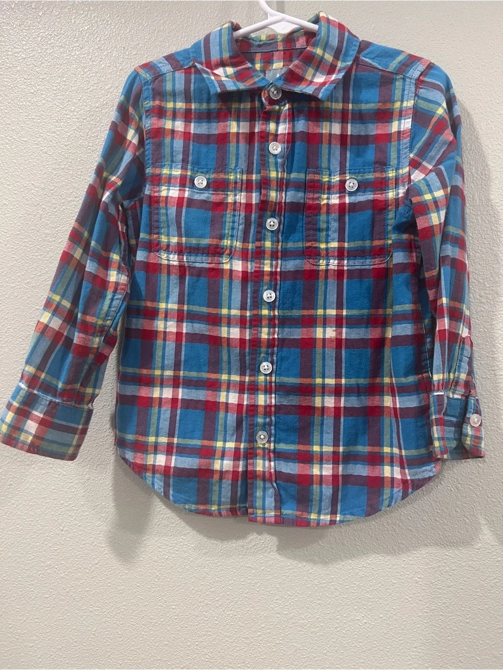 Baby Gap Boys 4-5Y Plaid Button Down Shirt Blue Red Long Sleeve 100% Cotton